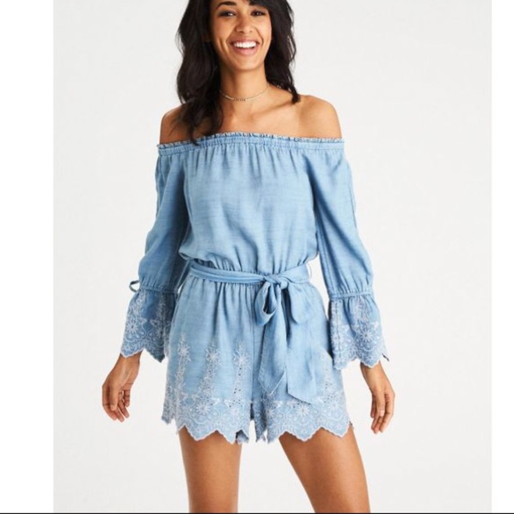 NWT Embroidered chambray romper